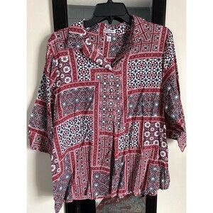 NWOT Rebecca Malone Women’s Button Blouse Red Geometric Petite XL 3/4 Sleeves